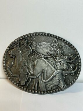 Western Longhorn Cattle Belt Buckle in Aged Silver Tone Unisex